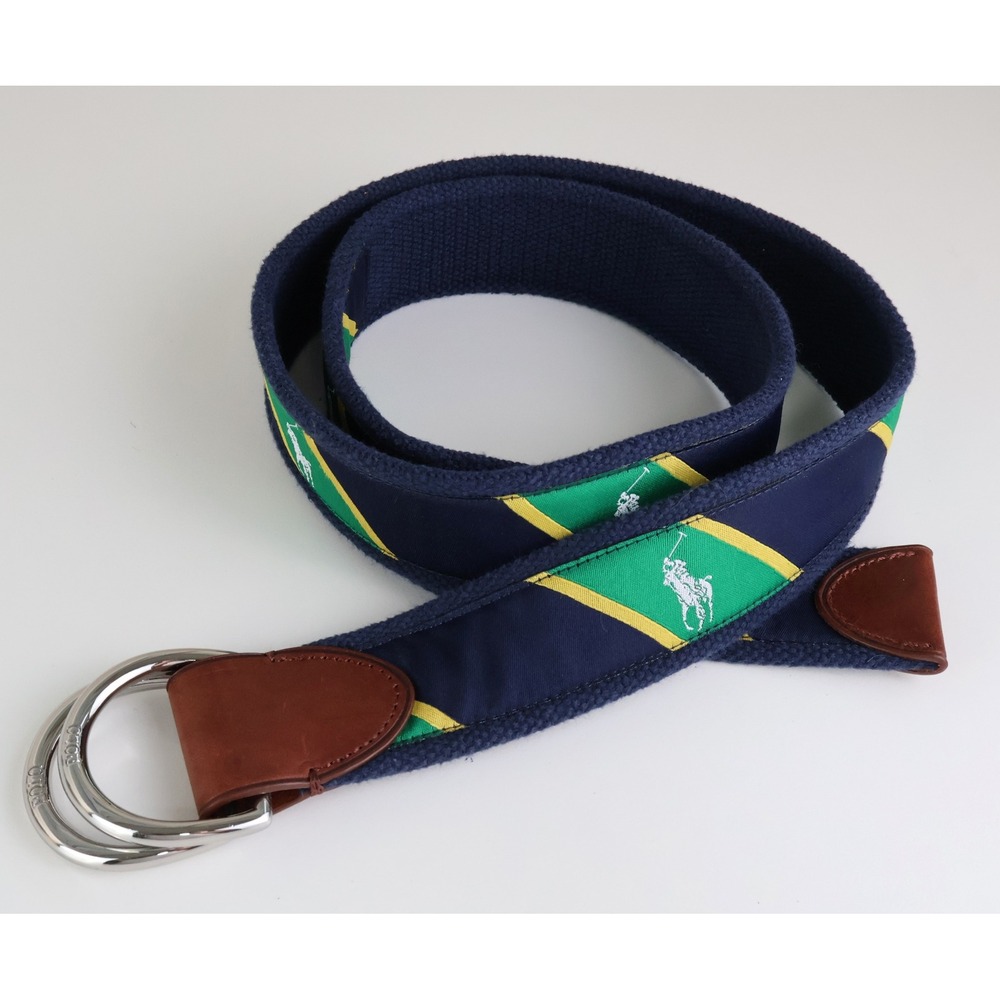 Polo Ralph Lauren Mens D-Ring Belt Navy Blue Green Ribbon Pony Logo 42.5in